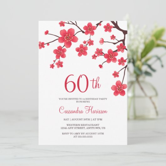 Red Cherry Blossom Sakura Rustikale Blumengeburt Einladung (Stehend Vorderseite)