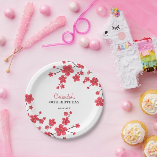 Red Cherry Blossom Sakura Rustikale Blumengeburt Pappteller (Party)