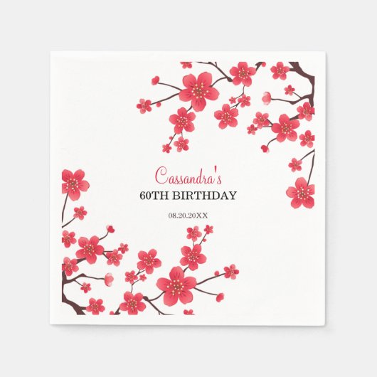 Red Cherry Blossom Sakura Rustikale Blumengeburt Serviette (Vorderseite)