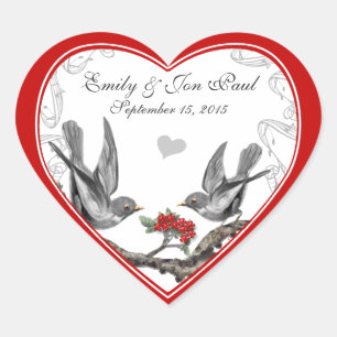 Red Cherry Blossom Vintage Vögel Hochzeitsticker Herz-Aufkleber