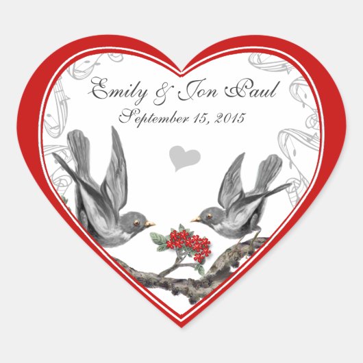 Red Cherry Blossom Vintage Vögel Hochzeitsticker Herz-Aufkleber (Vorderseite)