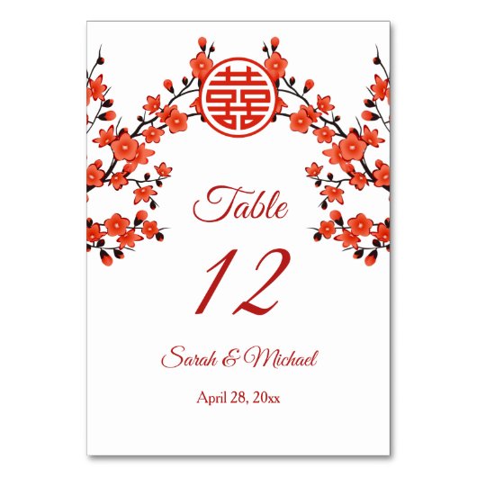 Red Cherry Blossom White Chinese Wedding Tischnummer (Vorderseite)