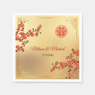   Red Cherry Blossoms Gold Chinese Wedding Custom Serviette