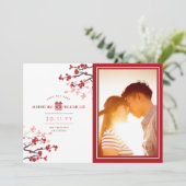 Red Cherry blüht chinesisches Double Happy Foto Save The Date (Stehend Vorderseite)