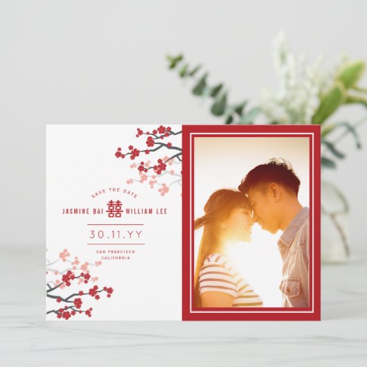 Red Cherry blüht chinesisches Double Happy Foto Save The Date (Stehend Vorderseite)