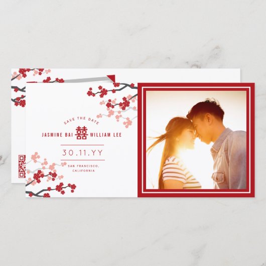 Red Cherry blüht chinesisches Double Happy Foto Save The Date (Vorne/Hinten)