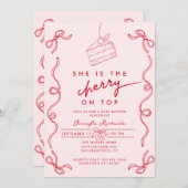 Red Cherry Cake Pink Girl Baby Dusche Einladung (Vorne/Hinten)