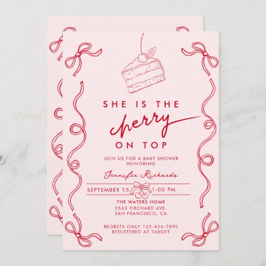 Red Cherry Cake Pink Girl Baby Dusche Einladung (Vorne/Hinten)