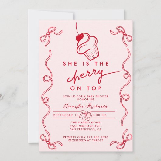 Red Cherry Cupcake Pink Girl Baby Dusche Einladung (Vorderseite)