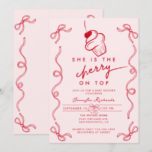 Red Cherry Cupcake Pink Girl Baby Dusche Einladung