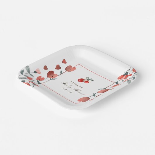 Red Cherry Heart Floral Baby Dusche Pappteller (Gewinkelt)