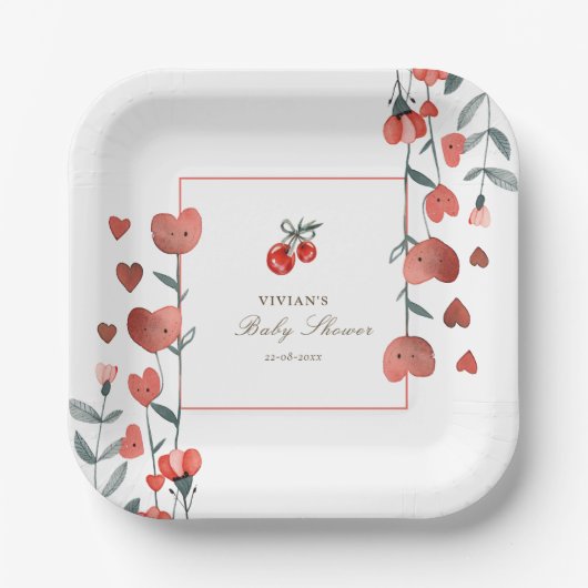 Red Cherry Heart Floral Baby Dusche Pappteller (Vorderseite)