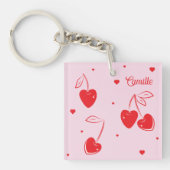 Red Cherry Hearts Whimsical Niedlich Name Acrylic Schlüsselanhänger (Vorderseite)