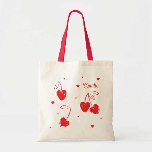 Red Cherry Hearts Whimsical Niedlich Shape Name Tragetasche (Vorne)
