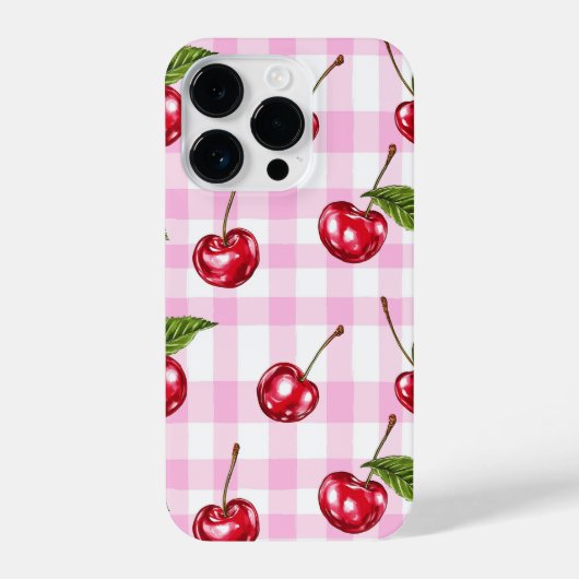 Red Cherry Pink Gingham Kariertes Muster Telefonca iPhone Hülle (Rückseite)