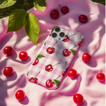 Red Cherry Pink Gingham Kariertes Muster Telefonca