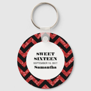 Red Chevron Glitter Sweet 16 Keychain Schlüsselanhänger