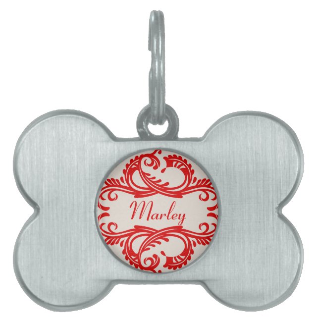 Red Chic Damask Pet Tag Tiermarke (Vorderseite)