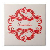 Red Chic Damask Tile Fliese (Vorderseite)