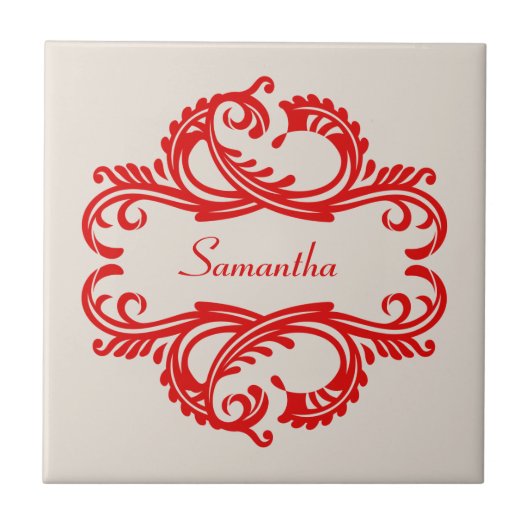 Red Chic Damask Tile Fliese (Vorderseite)
