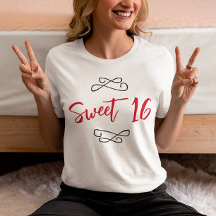 Red Chic Doodle Modernes Script Sweet 16 T-Shirt