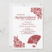 Red Chic Hand Fan romantische Rose Quinceañera Einladung (Vorderseite)