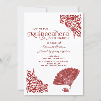 Red Chic Hand Fan romantische Rose Quinceañera Einladung