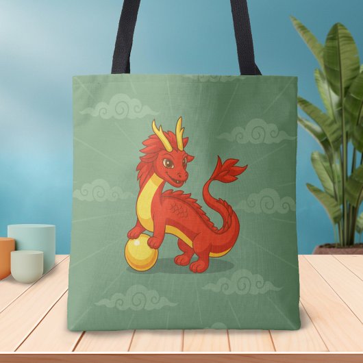 Red Chinese Dragon on Green Tasche