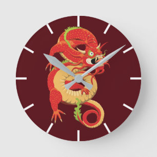 Red Chinese Dragon Runde Wanduhr