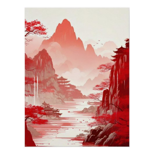 Red Chinese Landscape Painting - Serene Mountains Poster (Vorderseite)