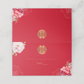 Red Chinese Wedding Peonies Double Happy Platzkarte (Außenseite Aufgefaltet)
