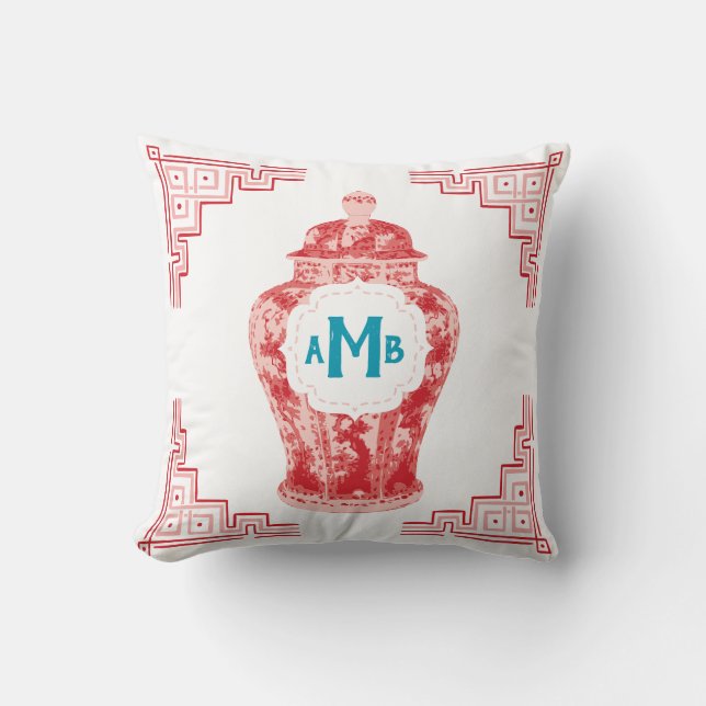 Red Chinoiserie Ginger Jar Monogram Kissen (Vorderseite)