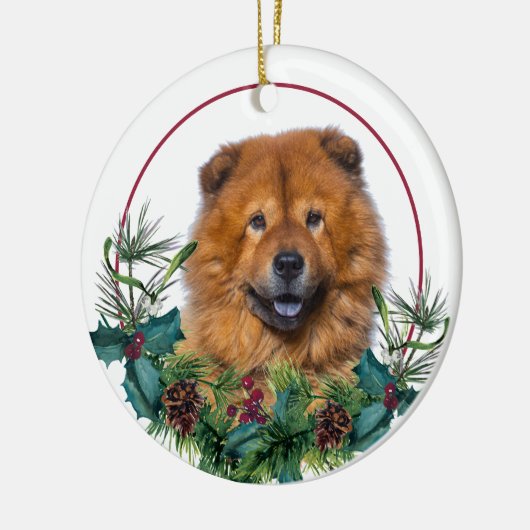 Red Chow Chow Dog Evergreen Berry Wreath Keramik Ornament (Links)