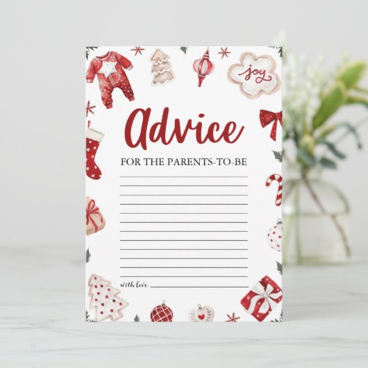 Red Christmas Baby Shower Ratschläge für die Elter Einladung (Stehend Vorderseite)