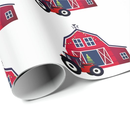 Red Christmas Barn mit Traktor Geschenkpapier (Rolleneckpunkt)