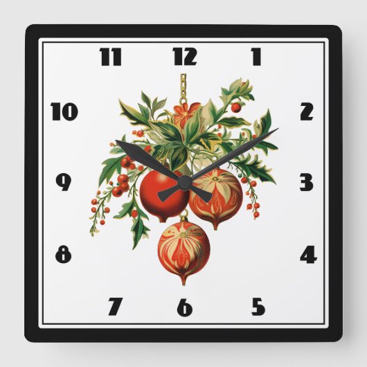 Red Christmas Baubles mit Holly Festivals Quadratische Wanduhr (Vorderseite)