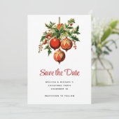 Red Christmas Baubles mit Holly Festivals Save The Date (Stehend Vorderseite)