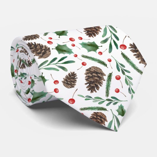 Red Christmas Berry Pinecone Pattern Holiday Krawatte (Gerollt)