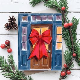 Red Christmas Bow Door Wreath Watercolor Feiertagspostkarte
