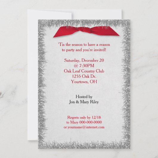 Red Christmas Bow und Silver Tinsel Einladung (Vorderseite)