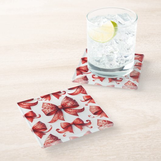 Red Christmas Bows Glasuntersetzer (Schrägansicht)