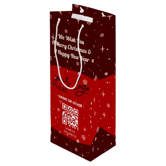 Red Christmas Business Logo QR Code Snowflake Geschenktüte Für Weinflaschen (Rückseite Schrägansicht)
