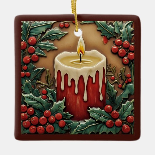 Red Christmas Candle Customizable Square Keramikornament (Vorderseite)