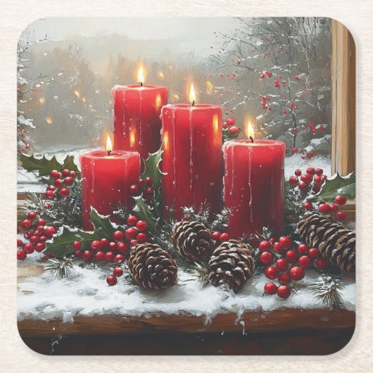 Red Christmas Candles Pine Cones Holly Rechteckiger Pappuntersetzer (Vorderseite)