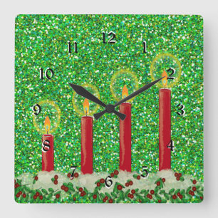 Red Christmas Candles, pretty sparkling design Quadratische Wanduhr