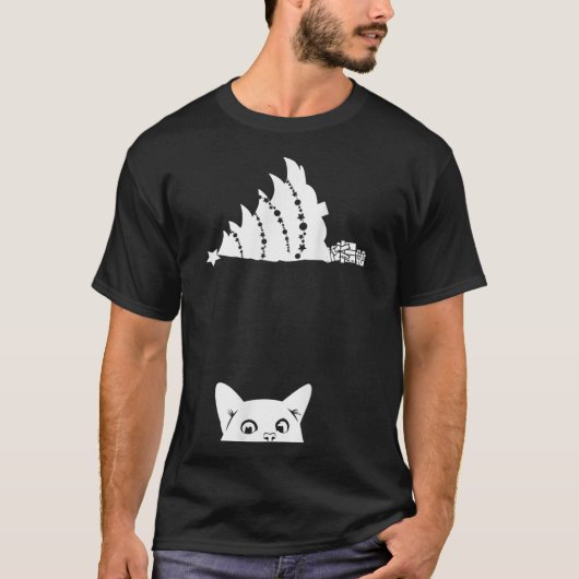 Red Christmas Cat Tipping Weihnachtsbaum über Meow T-Shirt (Vorderseite)