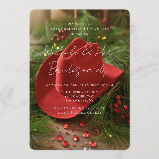 Red Christmas Cowboy Hat Bridesmaids Luncheon Einladung (Vorderseite)
