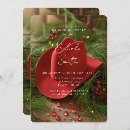 Red Christmas Cowboy Hat Brunch & Bubbly Einladung (Vorne/Hinten)