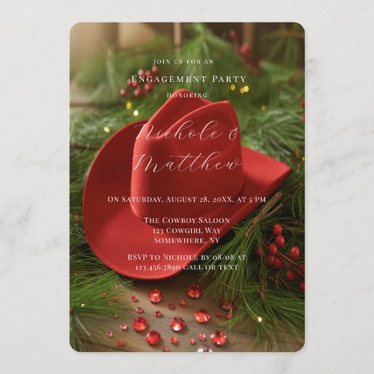 Red Christmas Cowboy Hat Engagement Party Einladung (Vorderseite)