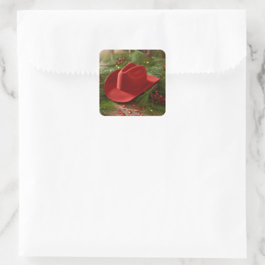 Red Christmas Cowboy Hat Quadratischer Aufkleber (Tasche)